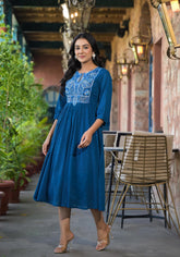 Indigo Solid Cotton Long Dress With Thread Embroidery-P1053INDIGO